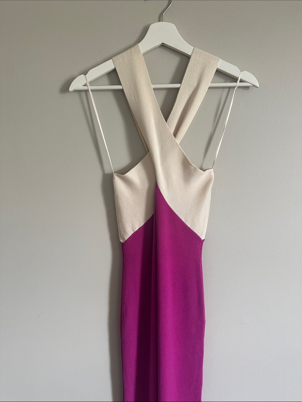 Lush Cream and Fuchsia Crisscross Knit Halter Midi Dress - Picture 11 of 14